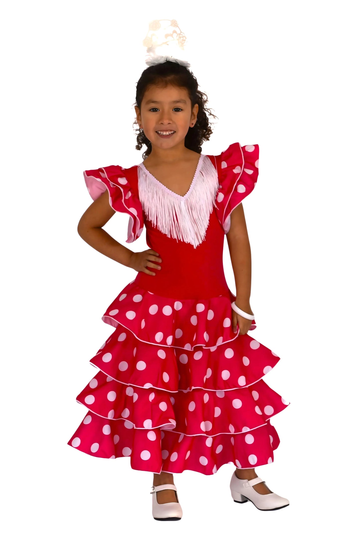 Girls' Flamenco Dress Sevillanas Long Poplin White Polka Dots White Fringe Skirt Three Ruffles Double Sleeve Ruffle Streck Body Elastic Polyamide