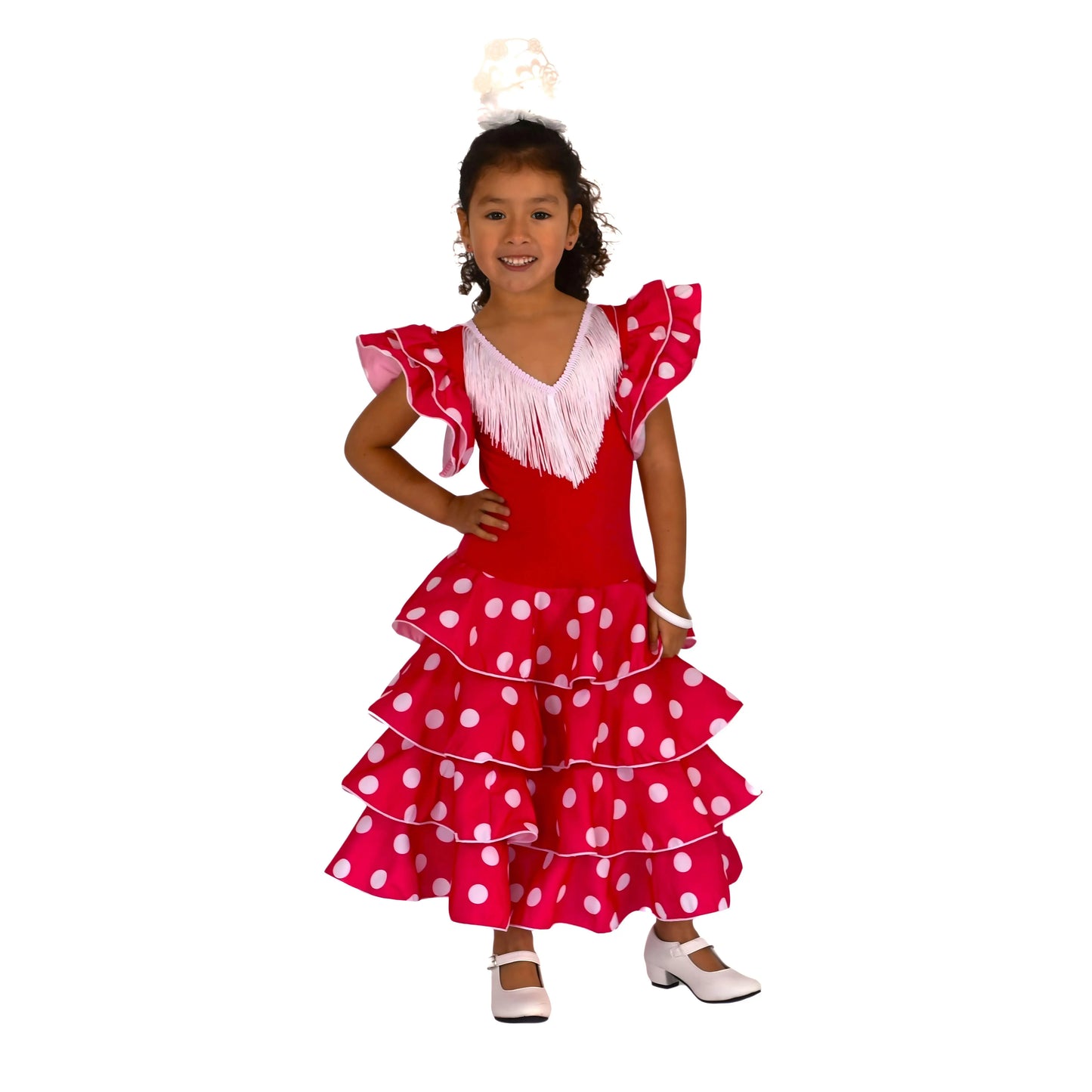 Girls' Flamenco Dress Sevillanas Long Poplin White Polka Dots White Fringe Skirt Three Ruffles Double Sleeve Ruffle Streck Body Elastic Polyamide