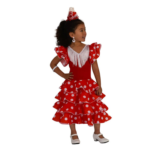 Girls' Flamenco Dress Sevillanas Long Poplin White Polka Dots White Fringe Skirt Three Ruffles Double Sleeve Ruffle Streck Body Elastic Polyamide