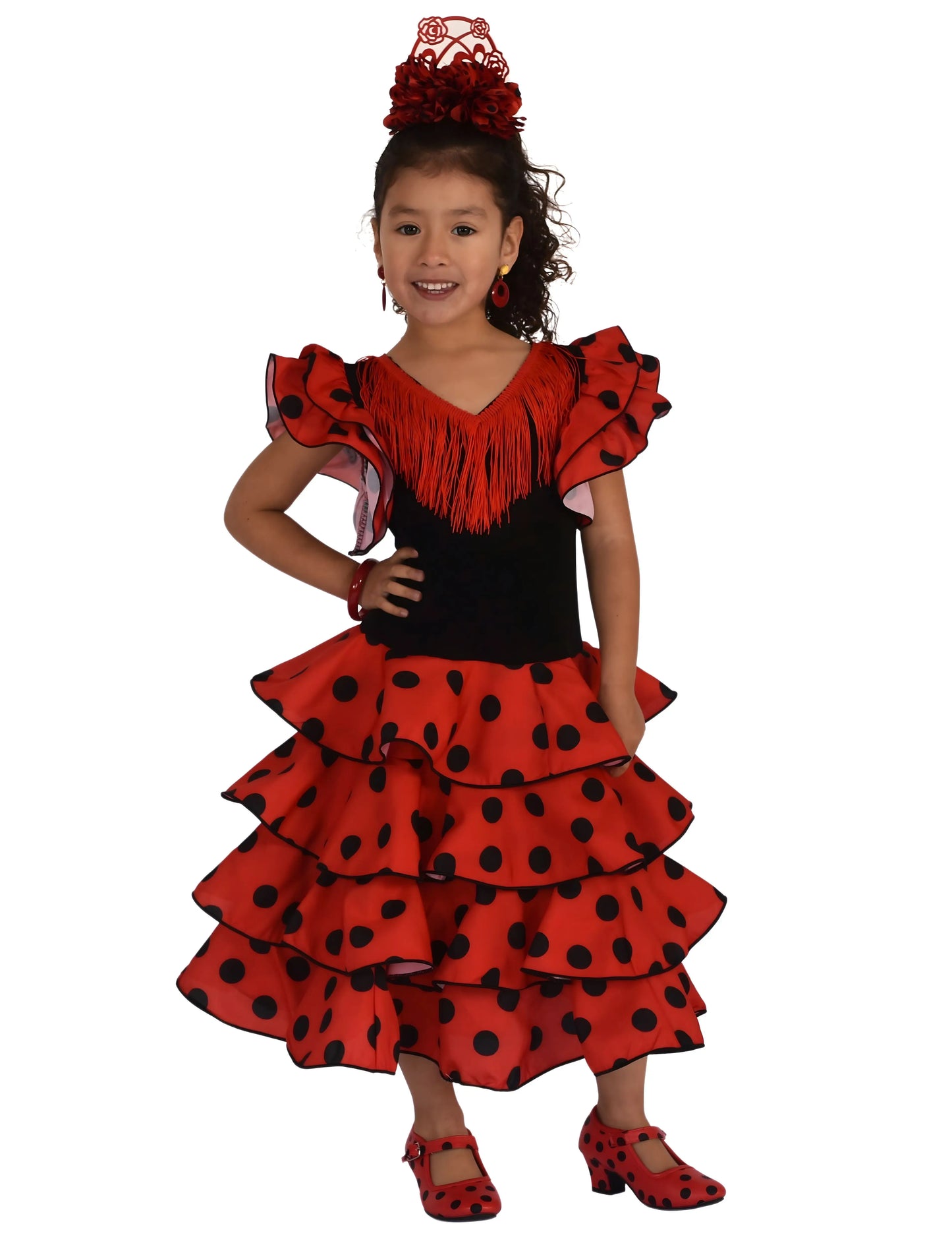 Girls' Flamenco Dress Sevillanas Long Poplin White Polka Dots White Fringe Skirt Three Ruffles Double Sleeve Ruffle Streck Body Elastic Polyamide