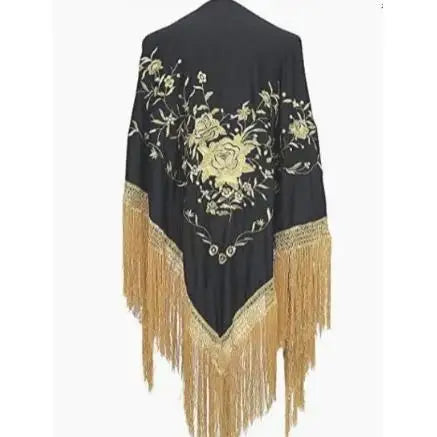 Medium Black Shawl with Gold Embroidery of Roses and Gold Fringes for Flamenco Dance