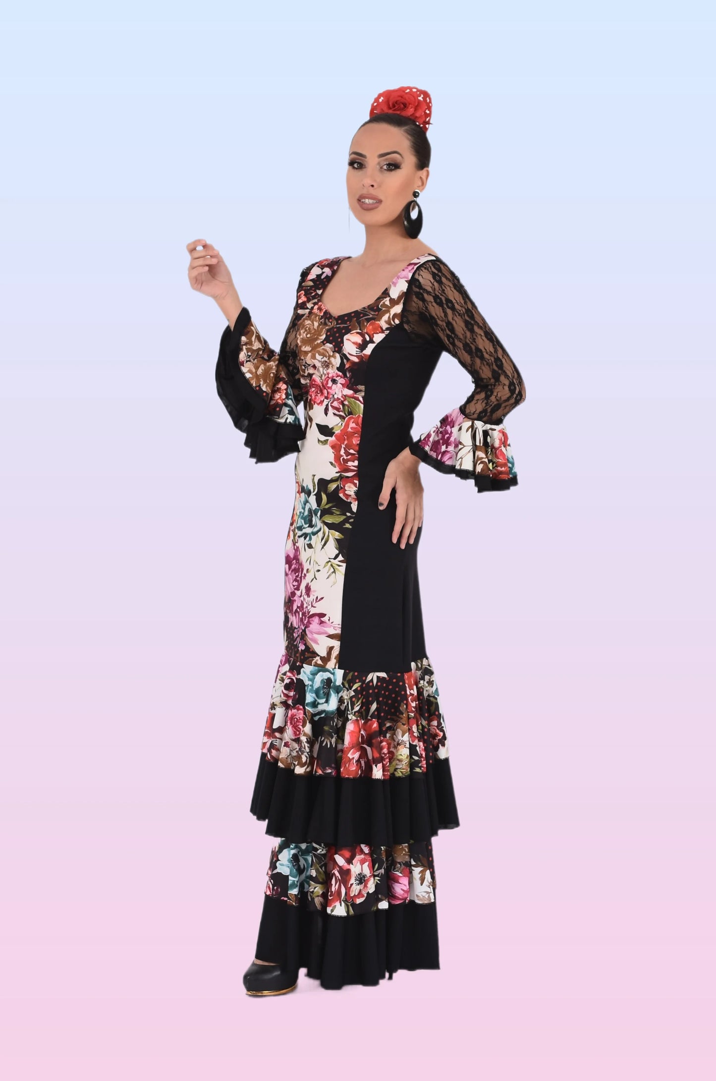 Floral Printed Elastic Knitted Flemish Dress with Elastic Sleeve and Ruffles