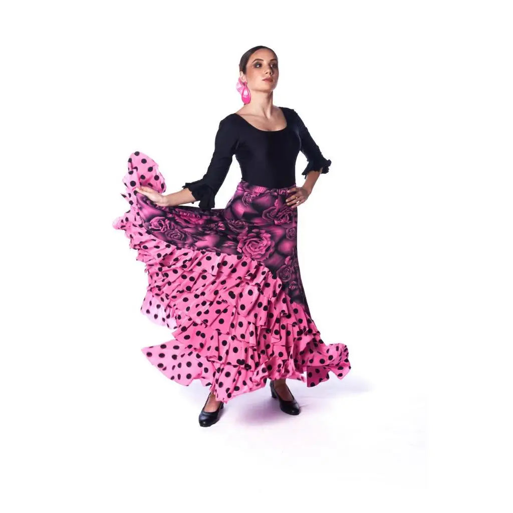 Pink 5 ruffles print women's flamenco skirt