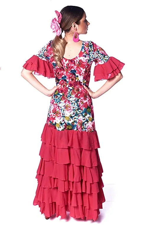 Women 3/4 Sleeve 5 Ruffles Floral Print flamenco Dress