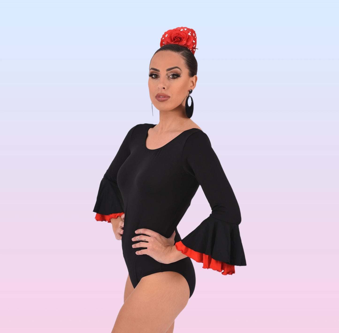 Women's flamenco dance Body for sevillanas, made of elastic fabric and adorned with two ruffles in the manga anuka