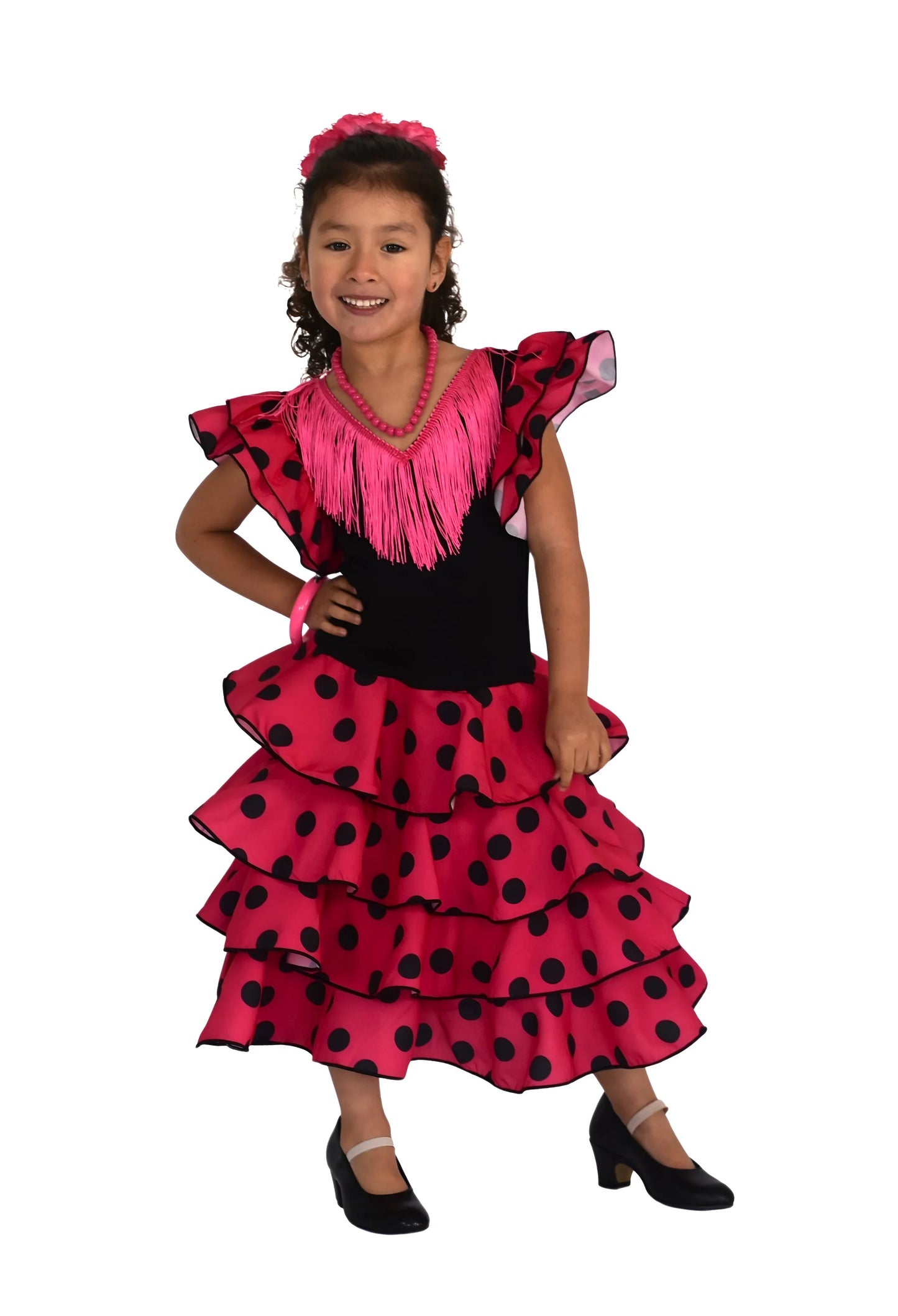 Girls' Flamenco Dress Sevillanas Long Poplin White Polka Dots White Fringe Skirt Three Ruffles Double Sleeve Ruffle Streck Body Elastic Polyamide