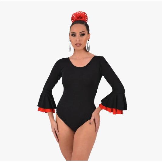 Women's flamenco dance Body for sevillanas, made of elastic fabric and adorned with two ruffles in the manga anuka