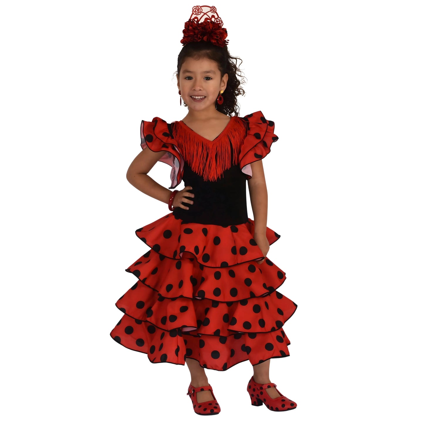 Girls' Flamenco Dress Sevillanas Long Poplin White Polka Dots White Fringe Skirt Three Ruffles Double Sleeve Ruffle Streck Body Elastic Polyamide