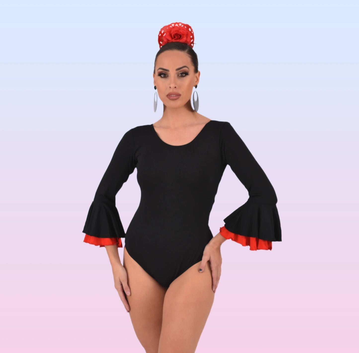 Women's flamenco dance Body for sevillanas, made of elastic fabric and adorned with two ruffles in the manga anuka