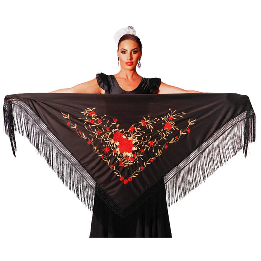 Mantón pico flamenco grande. Medida 195X95cm sin contar los flecos (30cm), bordado a una cara.