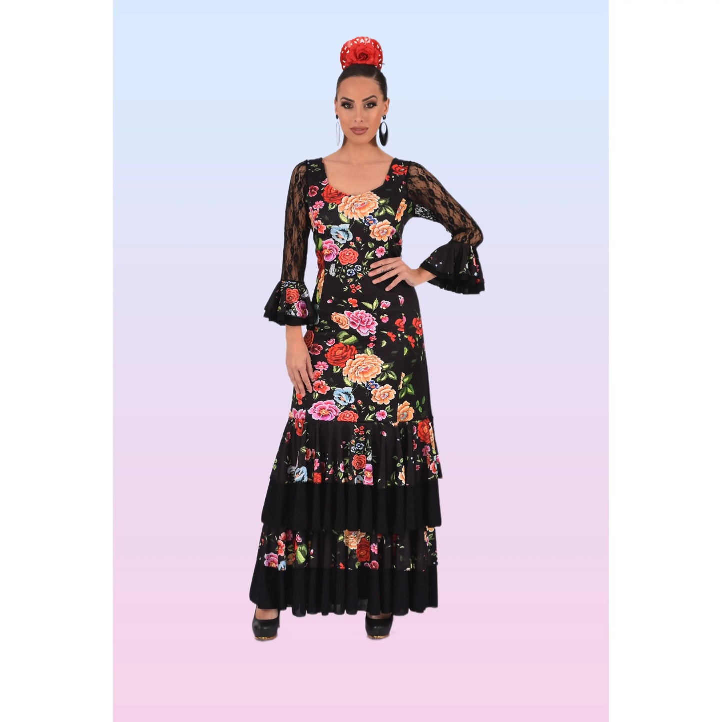 Floral Printed Elastic Knitted Flemish Dress with Elastic Sleeve and Ruffles