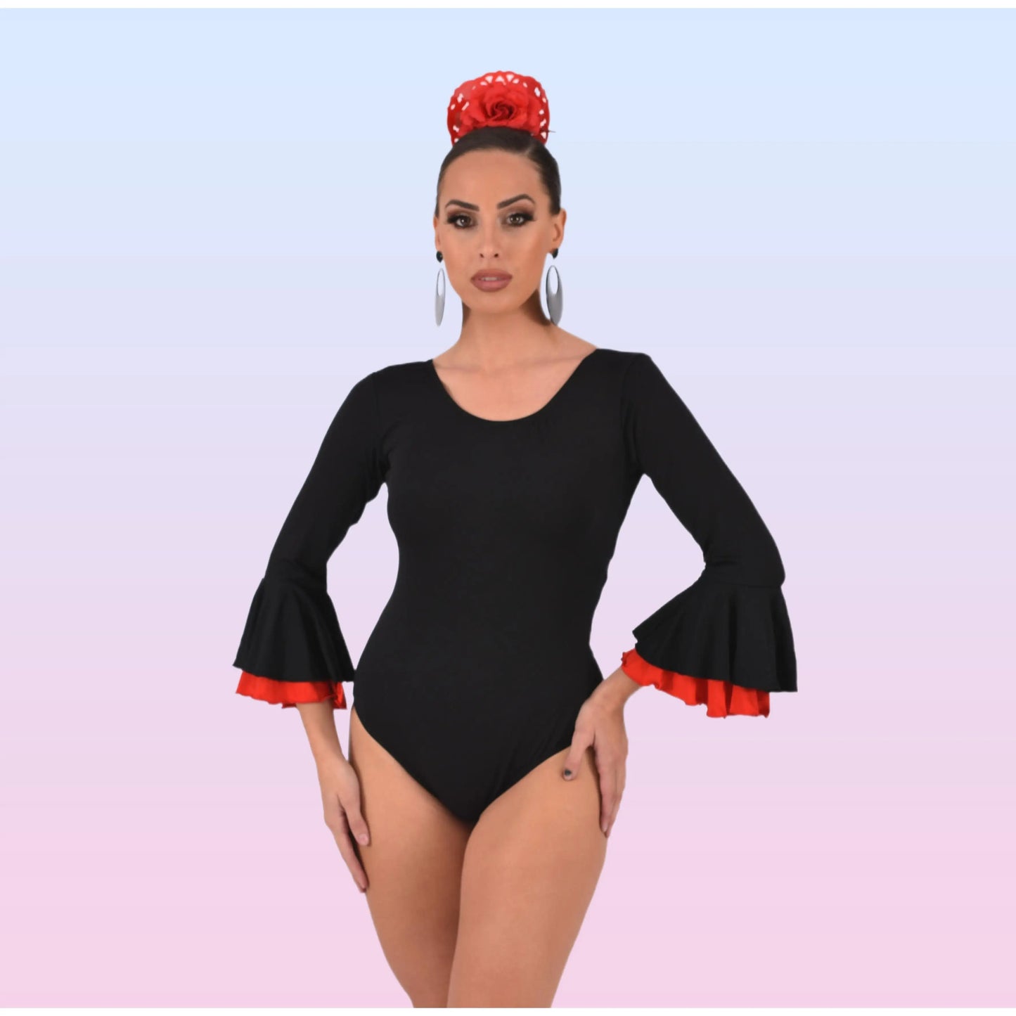 Women's flamenco dance Body for sevillanas, made of elastic fabric and adorned with two ruffles in the manga anuka