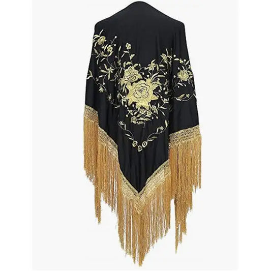 Medium Black Shawl with Gold Embroidery of Roses and Gold Fringes for Flamenco Dance